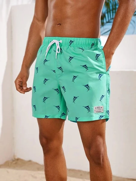 Shein Men Fish Print Drawstring Waist Swim Trunks