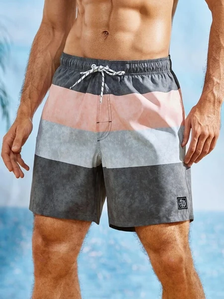 Shein Men Color Block Letter Patched Detail Drawstring Waist Swim Trunks