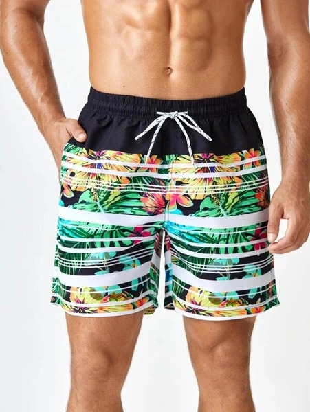 Shein Men Tropical And Striped Drawstring Swim Trunks