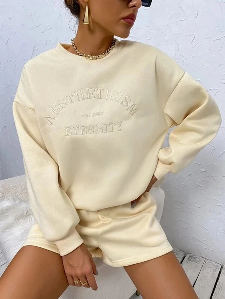 Shein Letter Embroidery Drop Shoulder Sweatshirt & Shorts