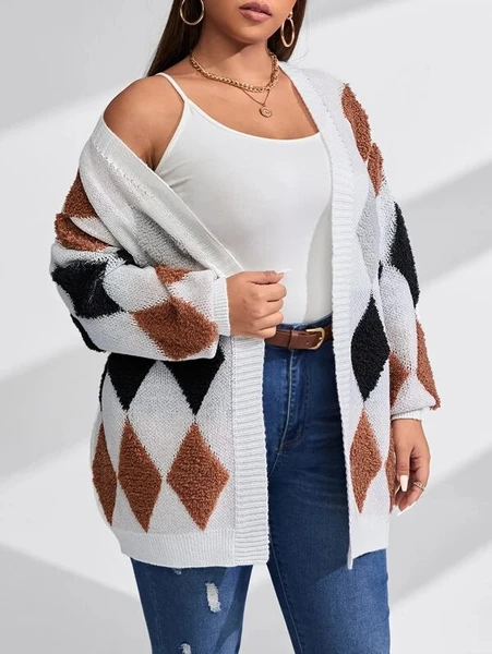 Shein Plus Argyle Pattern Drop Shoulder Duster Cardigan