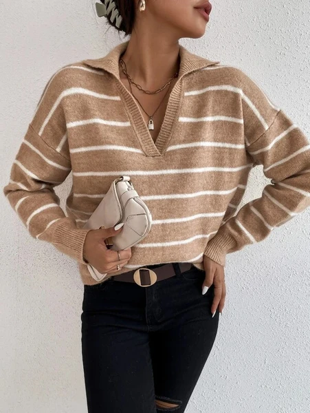 Shein Striped Notched Drop Shoulder Sweater