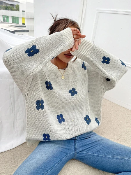 Shein Floral Pattern Drop Shoulder Sweater