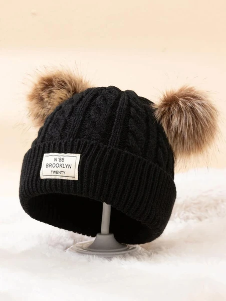 Shein Pom Pom & Letter Label Decor Beanie