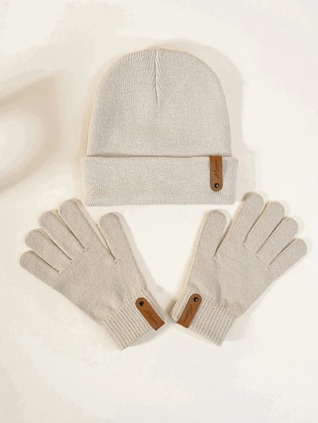 Shein Letter Patch Decor Gloves & Cuff Beanie