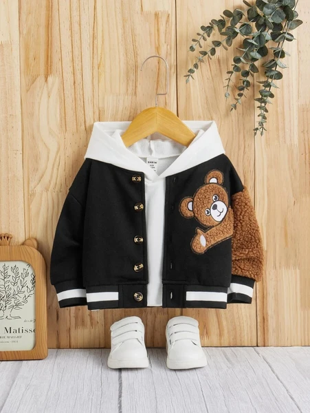 Shein Baby Bear Patched Striped Trim Varsity Jacket Without Hoodie