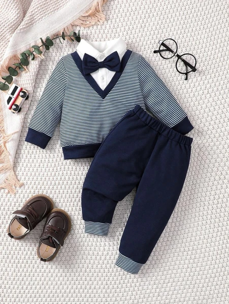 Shein Baby Striped Bow Front 2 In 1 Sweatshirt & Sweatpants