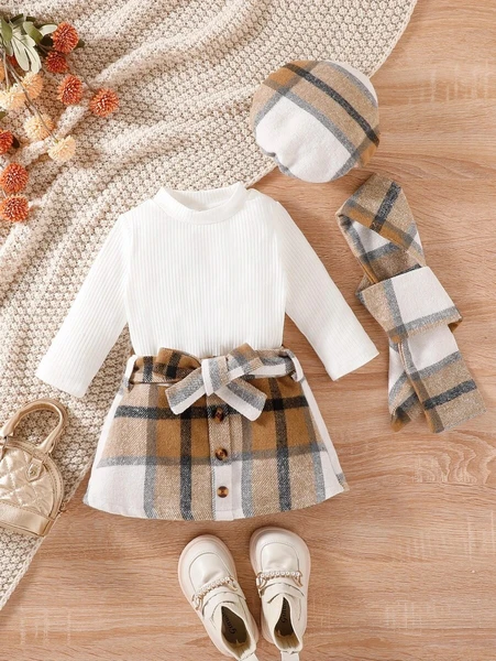 Shein Baby Rib-knit Bodysuit & Plaid Print Belted Skirt & Hat & Scarf