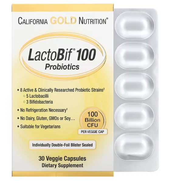 California Gold Nutrition LactoBif 100 Probiotics, 100 Billion CFU, 30 Veggie Capsules