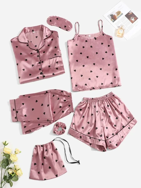 Shein 7pcs Heart Print Contrast Binding Satin PJ Set