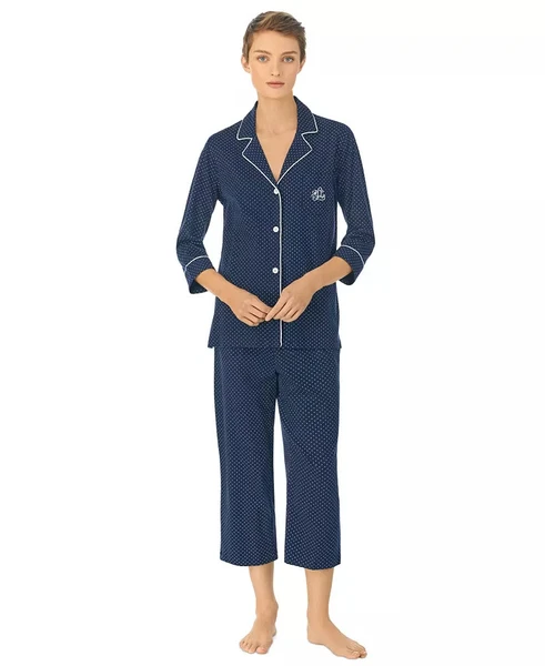 Lauren Ralph Lauren Womens 3/4 Sleeve Cotton Notch Collar Capri Pant Pajama Set