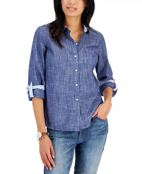 Tommy Hilfiger Women's Cotton Printed Roll-Tab Utility Shirt