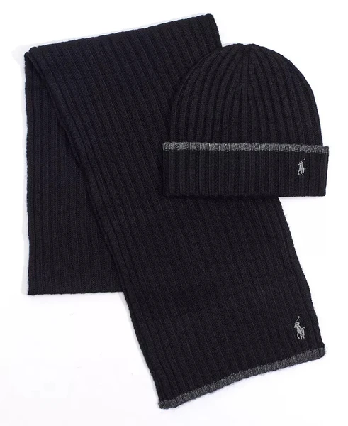 Polo Ralph Lauren Men's Classic Ribbed Hat And Scarf Set