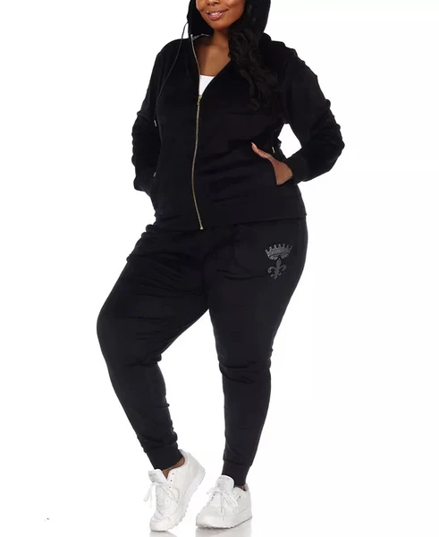 White Mark Plus Size Rhinestone Velour Tracksuit 2 Piece Set