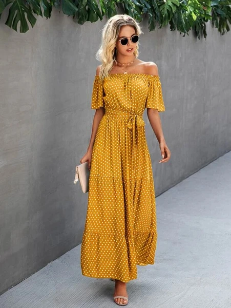 Shein Polka Dot Off the Shoulder Belted Dress
