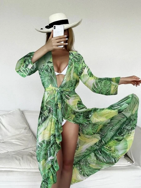 Shein Tropical Print Belted Kimono