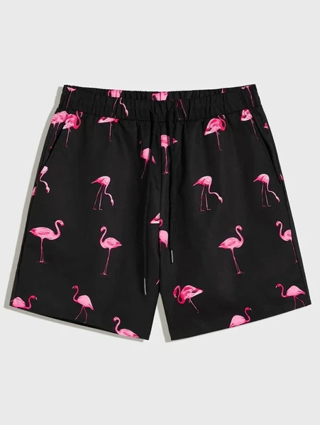 Shein Men Drawstring Waist Flamingo Print Shorts