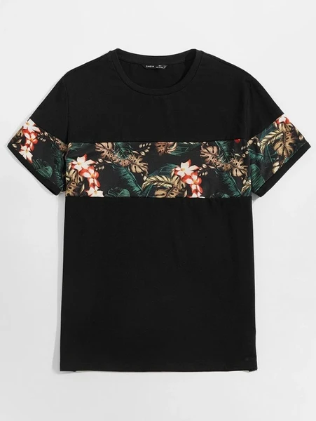 Shein Men Tropical Print Colorblock Tee